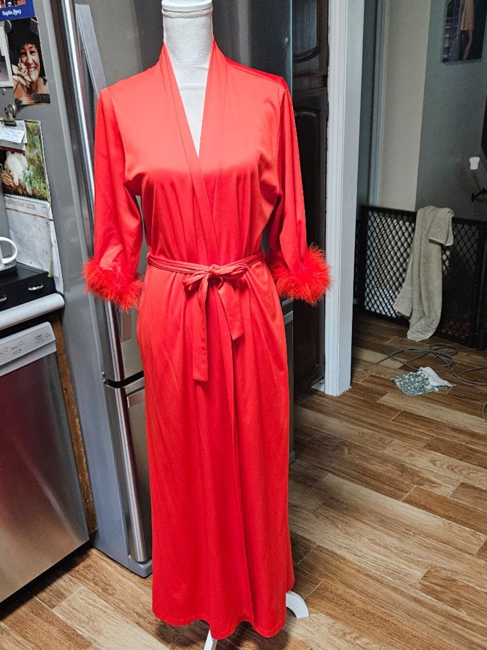 Vintage 70s Casa de California Robe Red w/ Maribou feather cuffs Belted Lounge